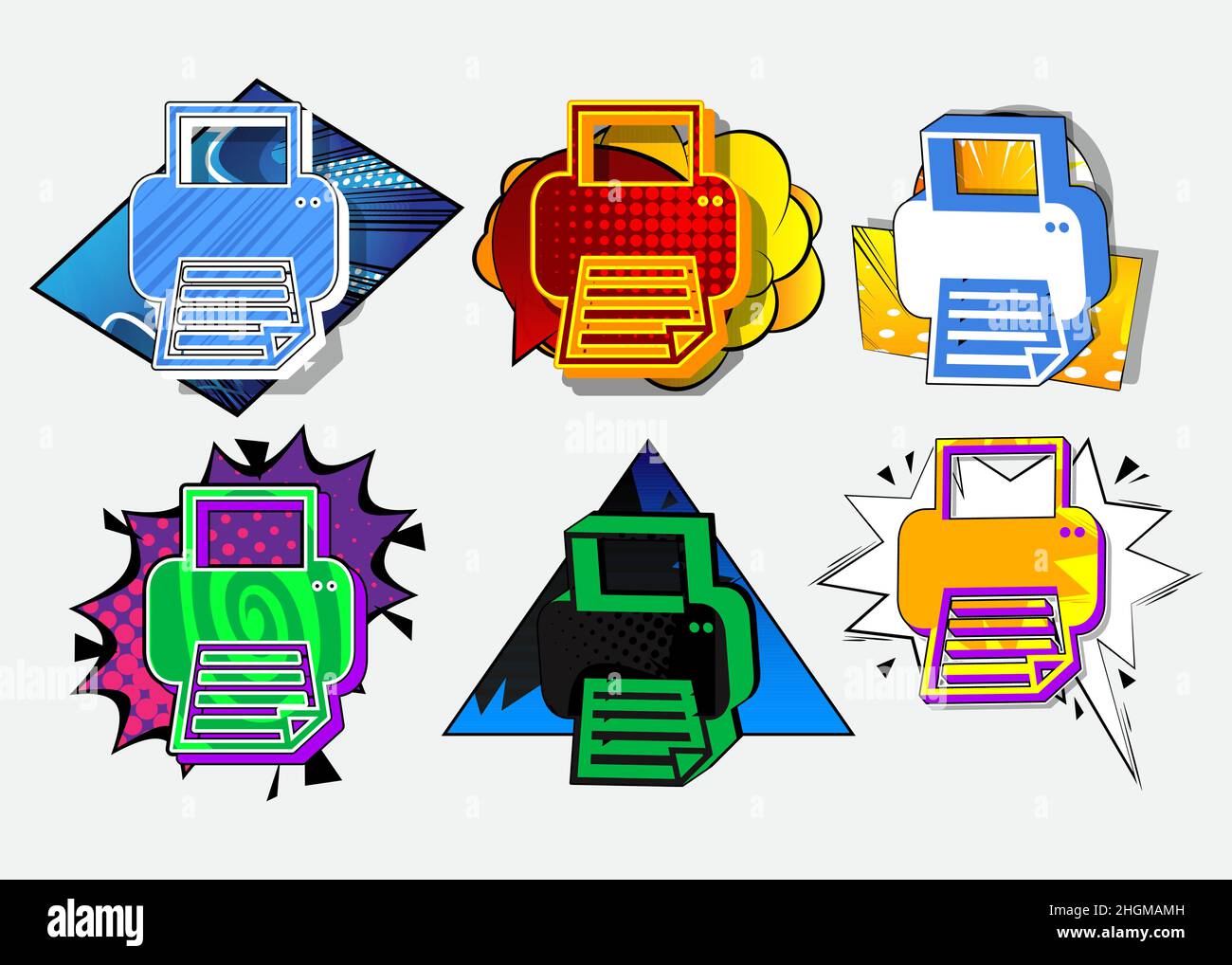 Printer icon, sign. Comic book word symbol on abstract comics ...