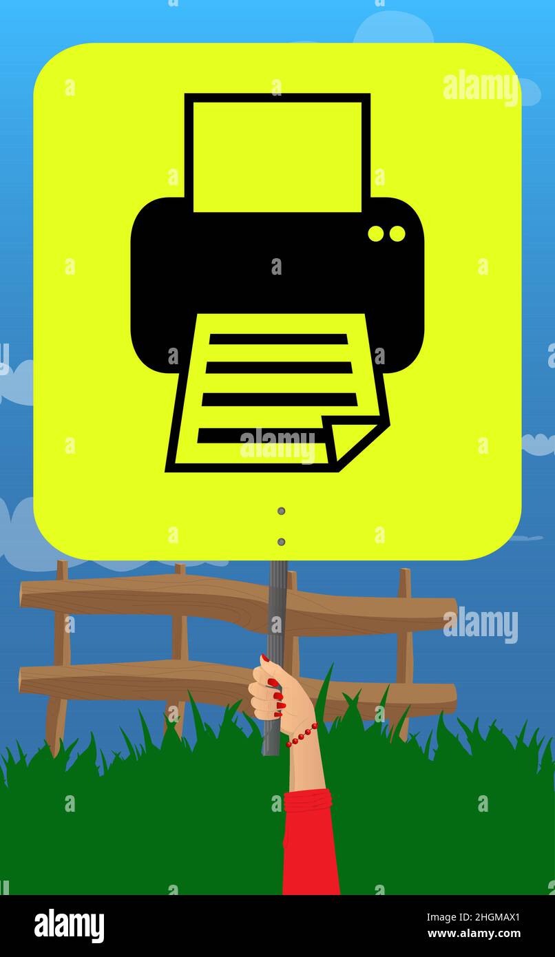 Hand holding banner with Printer sign, icon. Showing billboard ...
