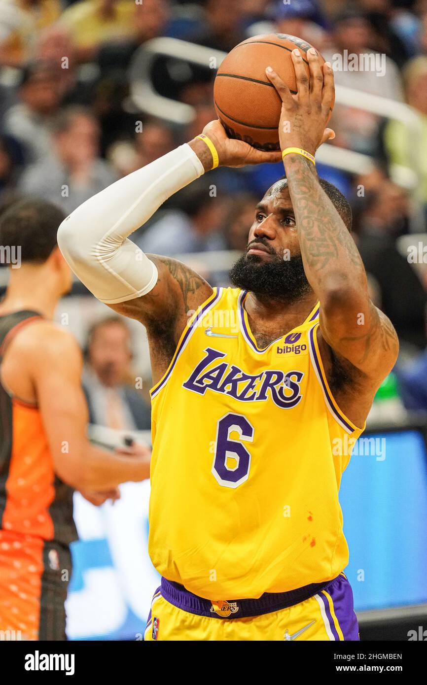 Orlando, Florida, USA, January 21, 2022, Los Angeles Lakers Small Forward Lebron  James #6 shoots a free throw during the first quarter at the Amway Center.  (Photo Credit: Marty Jean-Louis) Credit: Marty