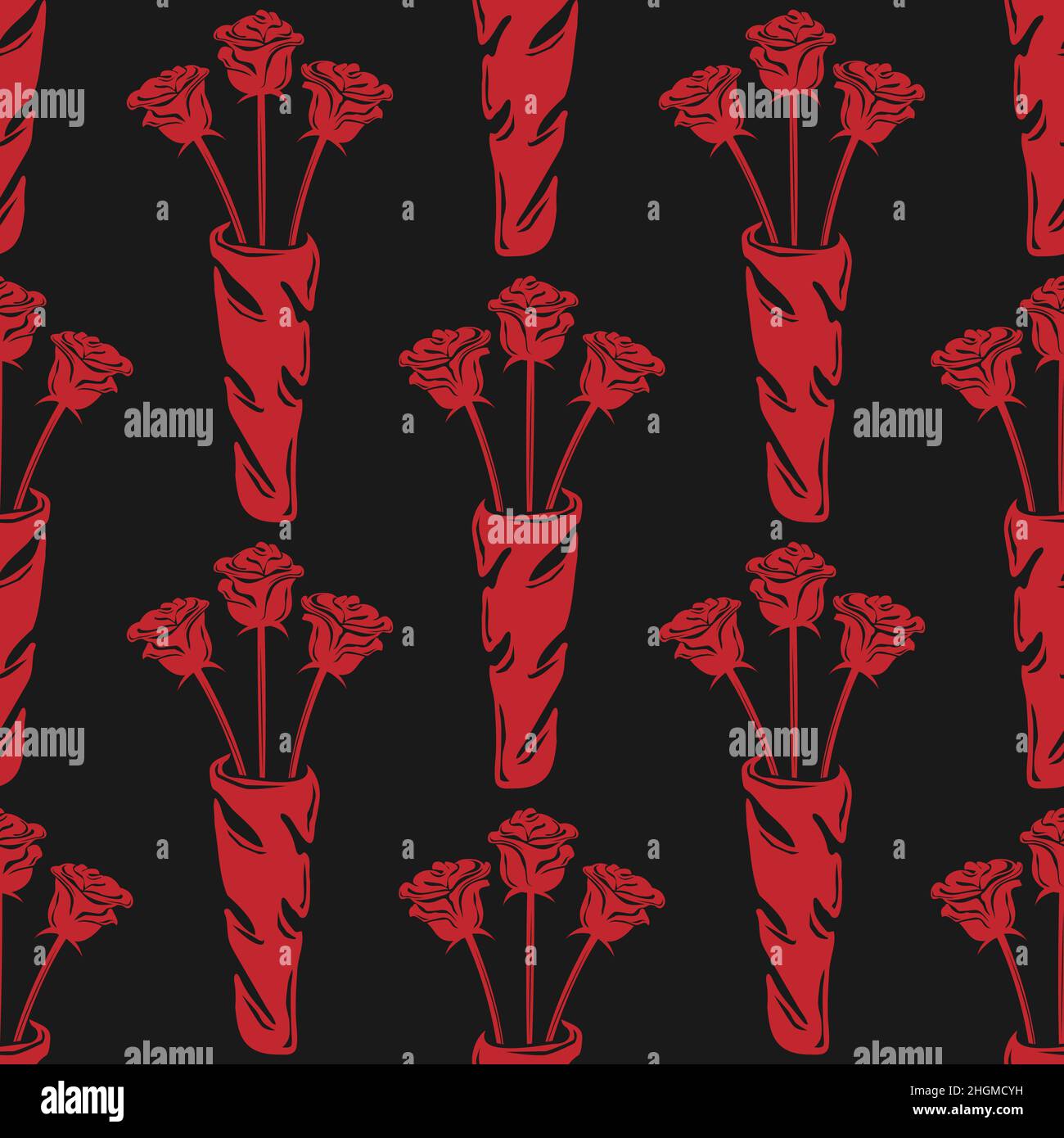 seamless rose pattern bouquet red silhouette on black background vector ...