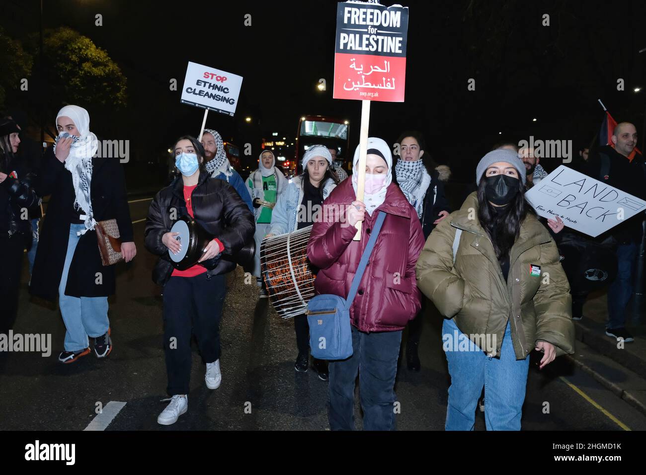 London, UK, 21st Jan, 2022. Hundreds of pro-Palestinian protesters attend an emergency rally to call for the end to ethnic cleansing of residents in the Sheikh Jerrah neighbourhood in east Jerusalem where forcible evictions, mass arrests and house demolitions by the Israeli authorities have taken place. Credit: Eleventh Hour Photography/Alamy Live News Stock Photo