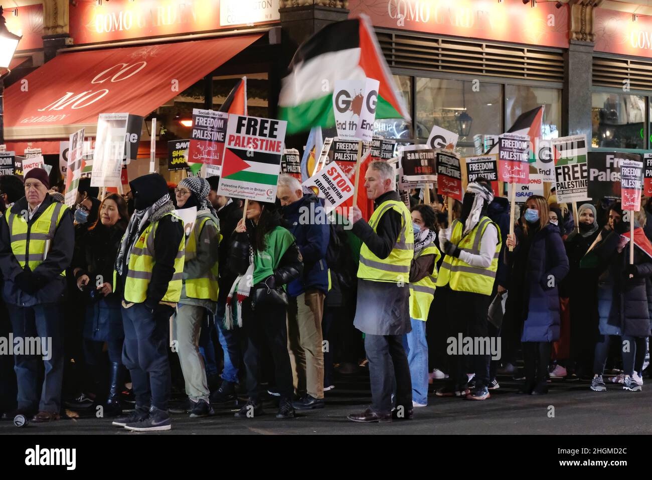 London, UK, 21st Jan, 2022. Hundreds of pro-Palestinian protesters attend an emergency rally to call for the end to ethnic cleansing of residents in the Sheikh Jerrah neighbourhood in east Jerusalem where forcible evictions, mass arrests and house demolitions by the Israeli authorities have taken place. Credit: Eleventh Hour Photography/Alamy Live News Stock Photo