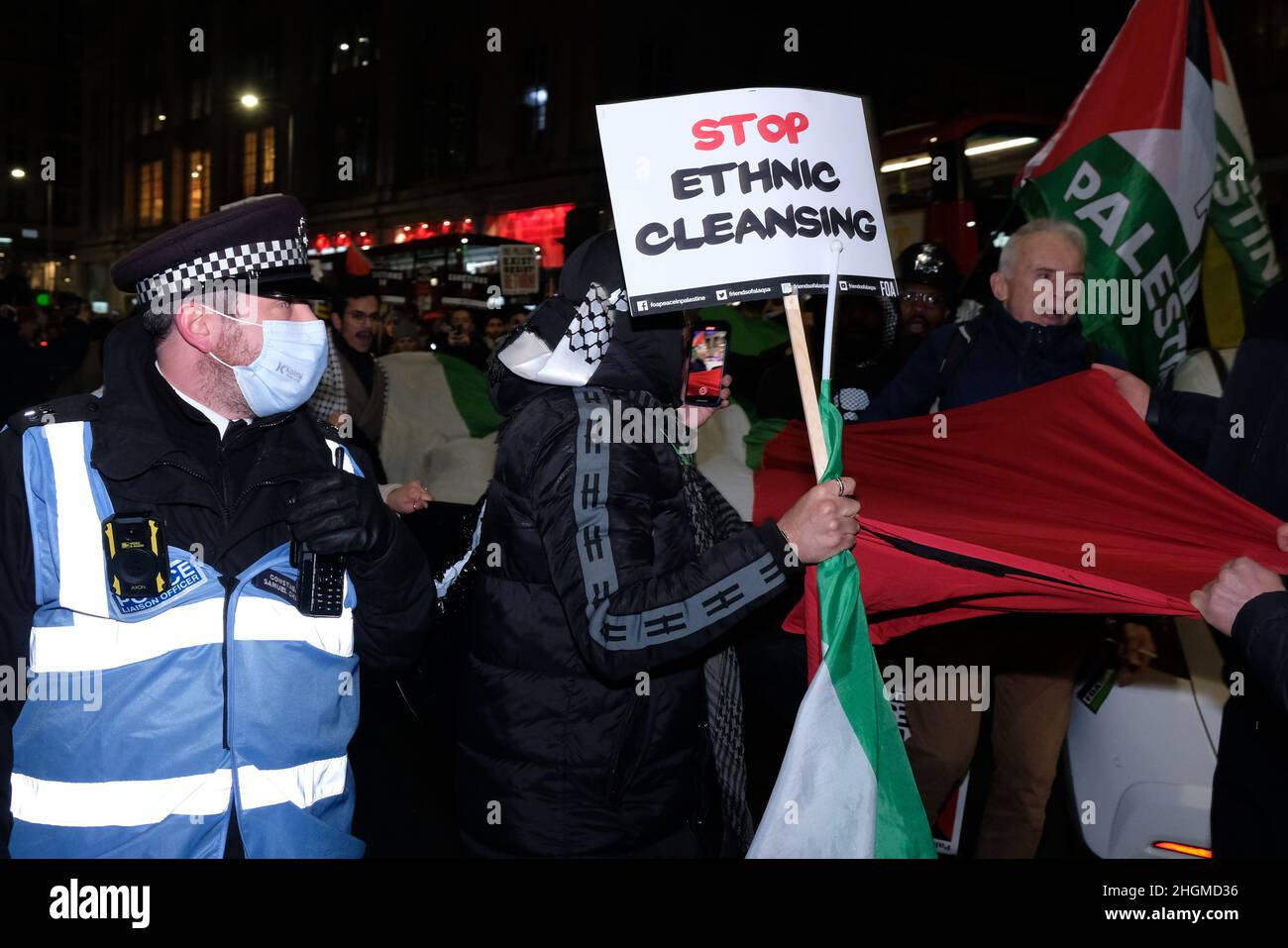 London, UK, 21st Jan, 2022. Hundreds of pro-Palestinian protesters attend an emergency rally to call for the end to ethnic cleansing of residents in the Sheikh Jerrah neighbourhood in east Jerusalem where forcible evictions, mass arrests and house demolitions by the Israeli authorities have taken place. Credit: Eleventh Hour Photography/Alamy Live News Stock Photo