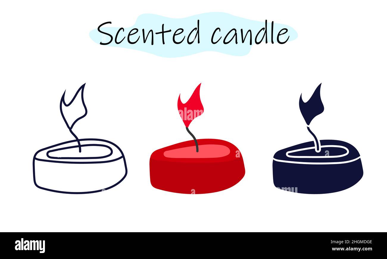 Aromatic tea candle of flat shape with flame. Vector illustration in