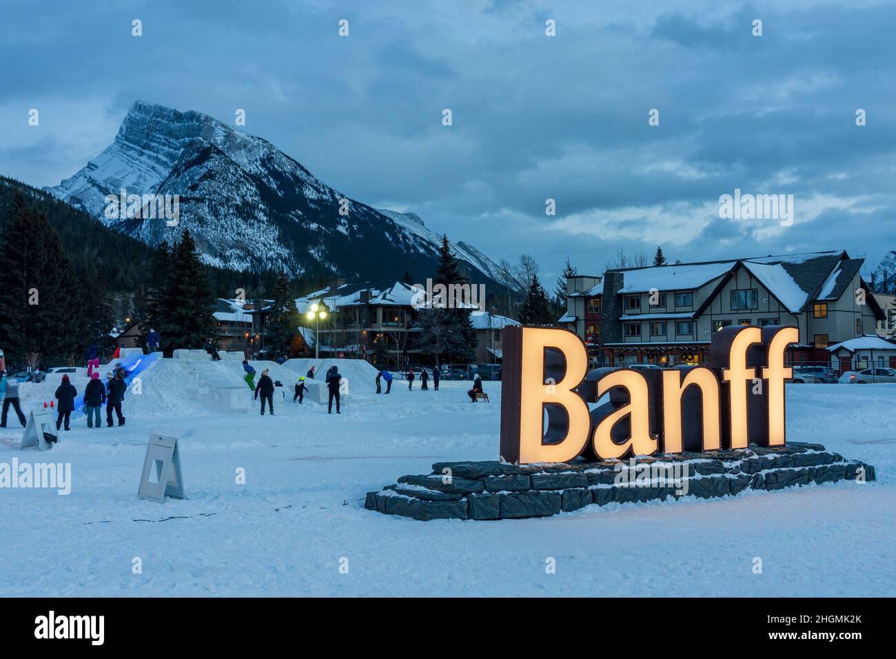 Banff Snowdays winter event night. Banff National Park, Canadian Rockies. Stock Photo