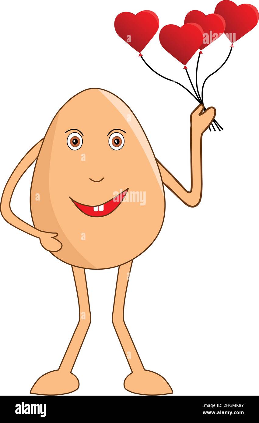 Happy egg male cartoon with a bunch of heart shape balloons in his hand. Vector Illustration. Stock Vector