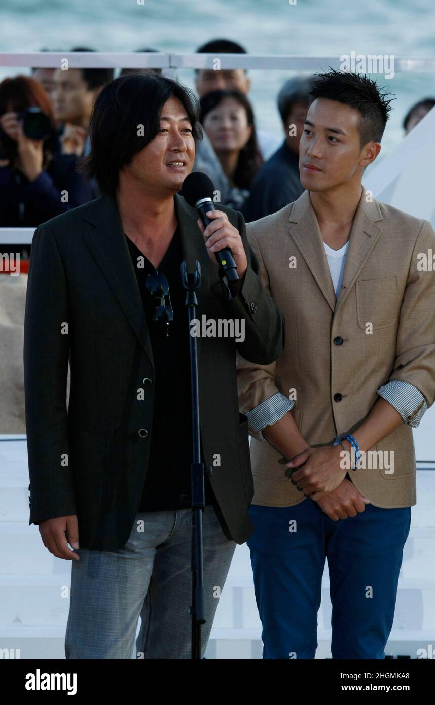 October 7, 2012 - Busan, South Korea : Actor Kim Yun Suk(L) and Derek Tsang attend their film 'The Tieves' Open Stage event during the 17th Busan International Film Festival Open Talk at the BIFF Village in Haeundae sea shore. (Ryu Seung-il / Polaris) Stock Photo