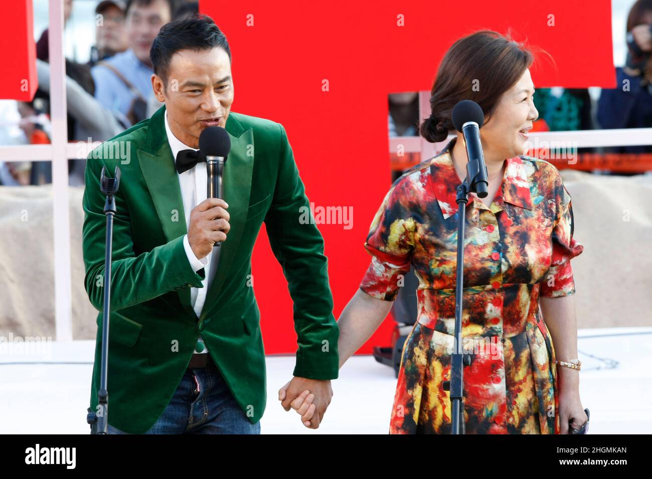 October 7, 2012 - Busan, South Korea : Actor Simon Yam(L) and Actress Kim Hye Sook attend their film 'The Tieves' Open Stage event during the 17th Busan International Film Festival Open Talk at the BIFF Village in Haeundae sea shore. (Ryu Seung-il / Polaris) Stock Photo