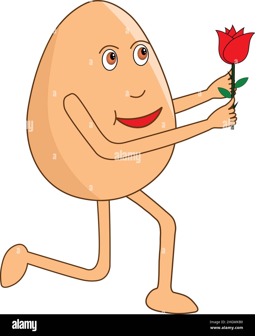 Romantic egg cartoon standing on knee and giving rose on the rose day. Vector Illustration. Stock Vector