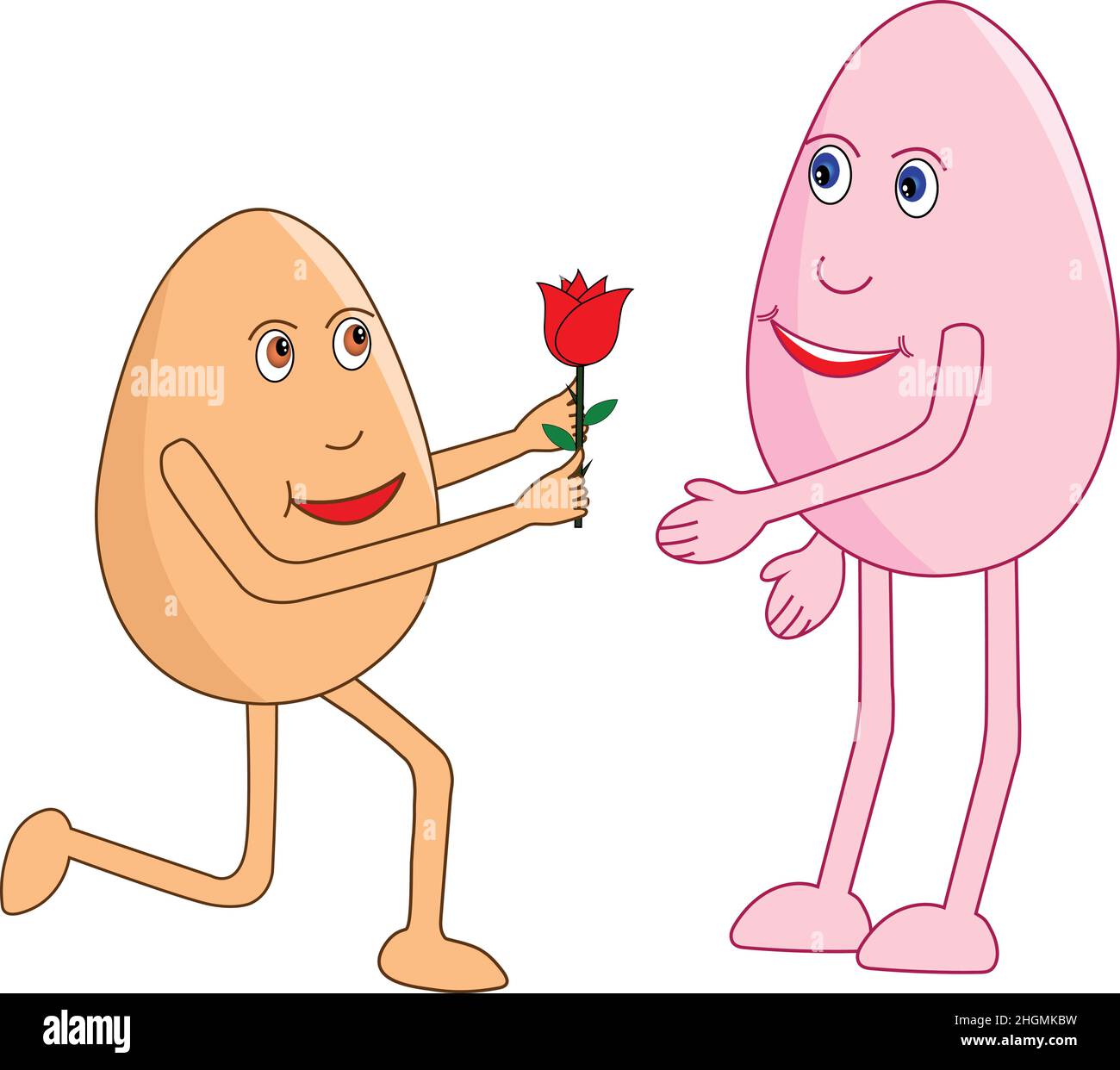 Romantic egg cartoon on his knees giving a rose to her beautiful valentine on the rose day. Vector Illustration. Stock Vector