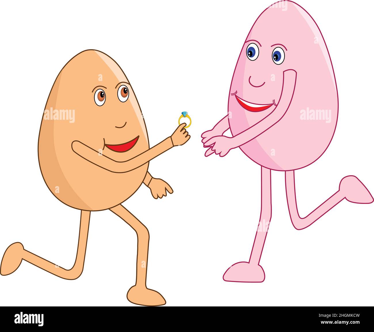 Romantic egg cartoon on knees with a ring in his hand proposing his valentine on the propose day. Vector Illustration. Stock Vector
