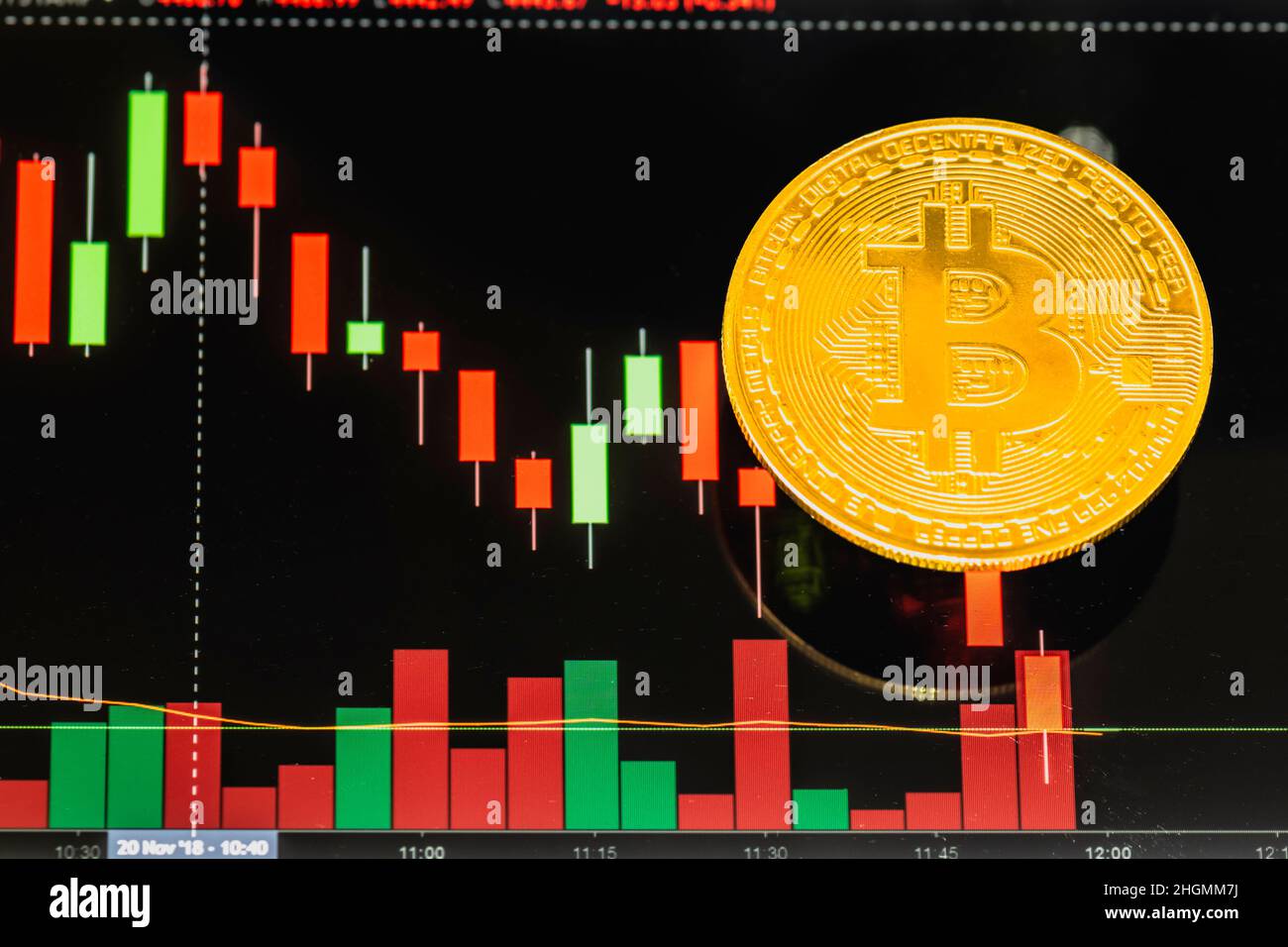 Close up bitcoin and digital stock market graph bar on black. Cryptocurrency.  Bitcoin Stock Growth. Investing in virtual assets. Investment platform w  Stock Photo - Alamy