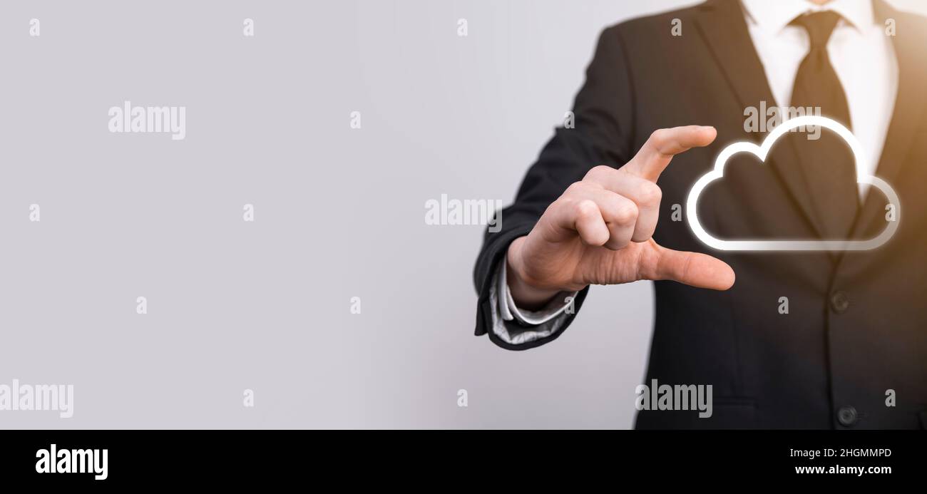 Hand holding icon cloud computing network and icon connection data information in hand. Cloud computing and technology concept Stock Photo