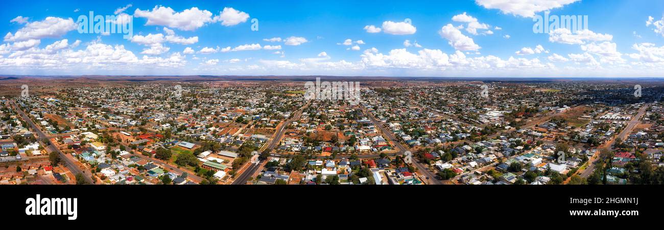 Wide aerial panorama of suburbs in Broken Hil mining silver city of Australian outback. Stock Photo