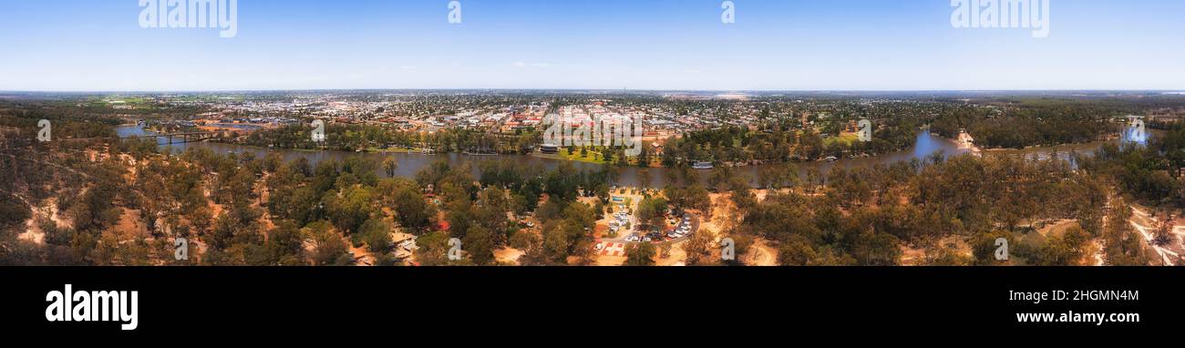Murray river flowing around Mildura city from Bridge to Weir in wide aerial panorama landscape. Stock Photo