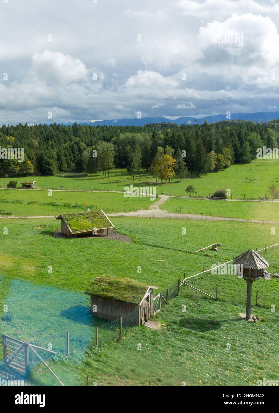 Magnificent view of a natural animal park with meadows and huts on the edge of the forest in the alps Stock Photo