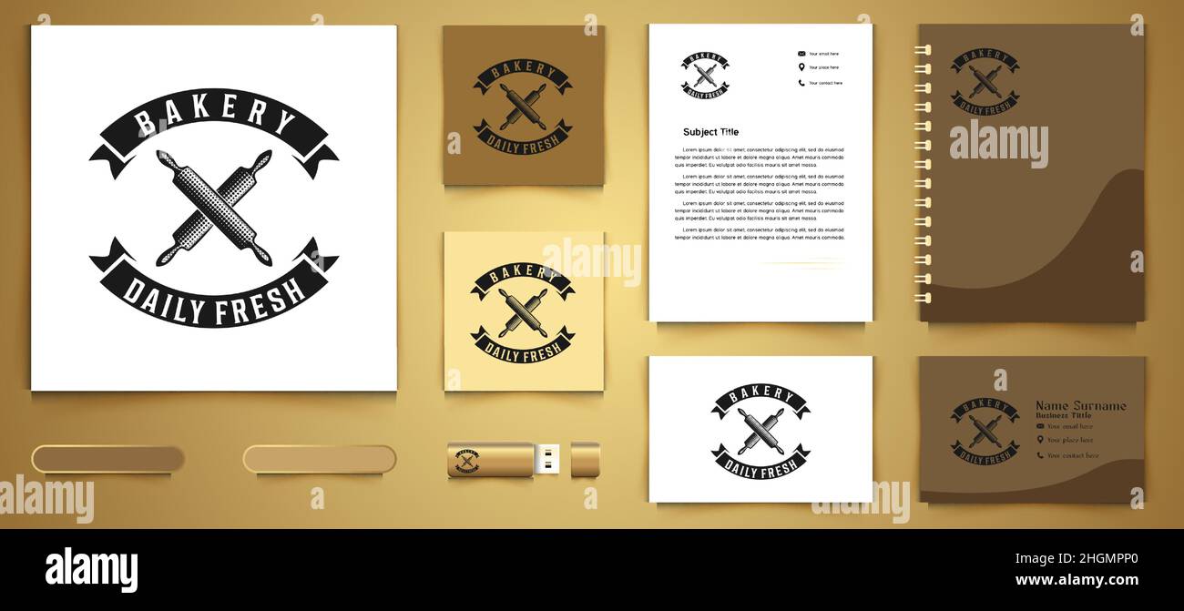 crossed rolling pin, vintage bakery logo and business branding template ...
