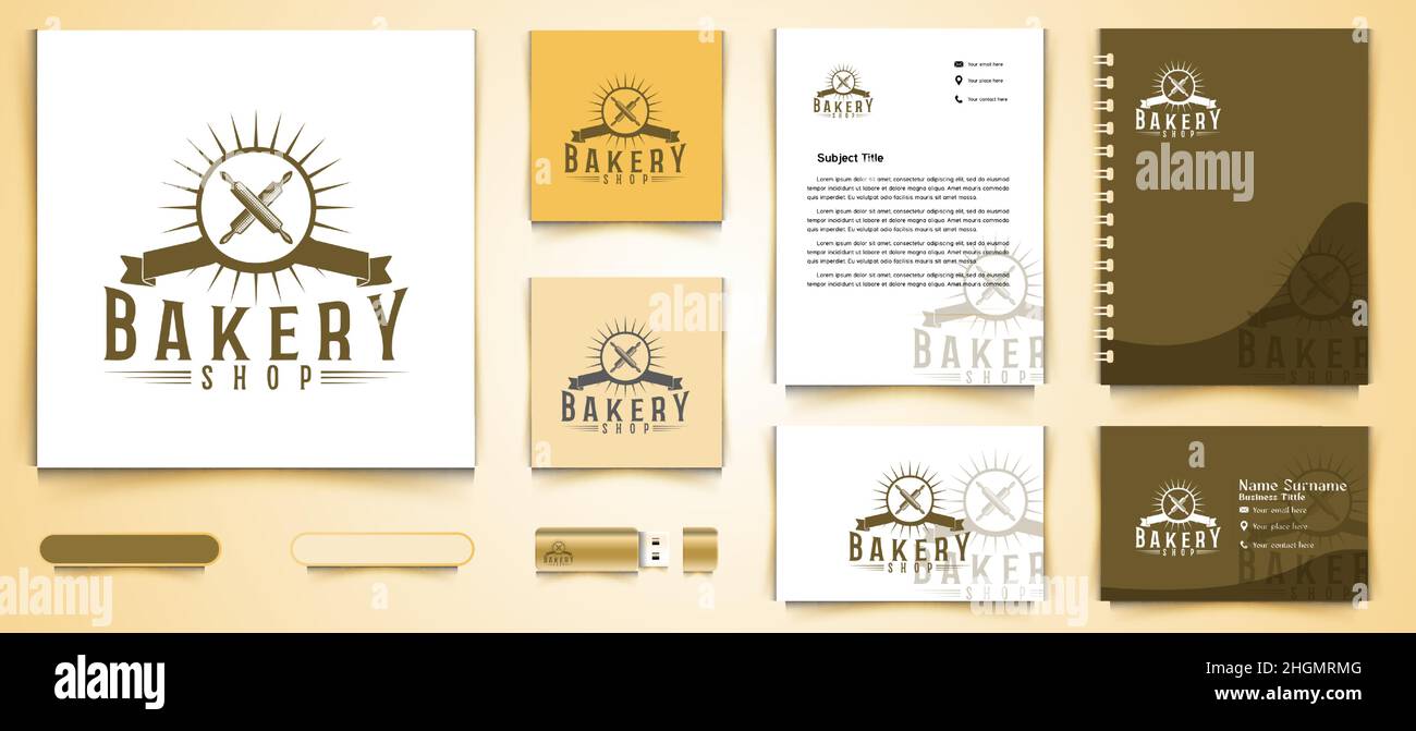 crossed rolling pin, vintage bakery shop logo and business branding ...