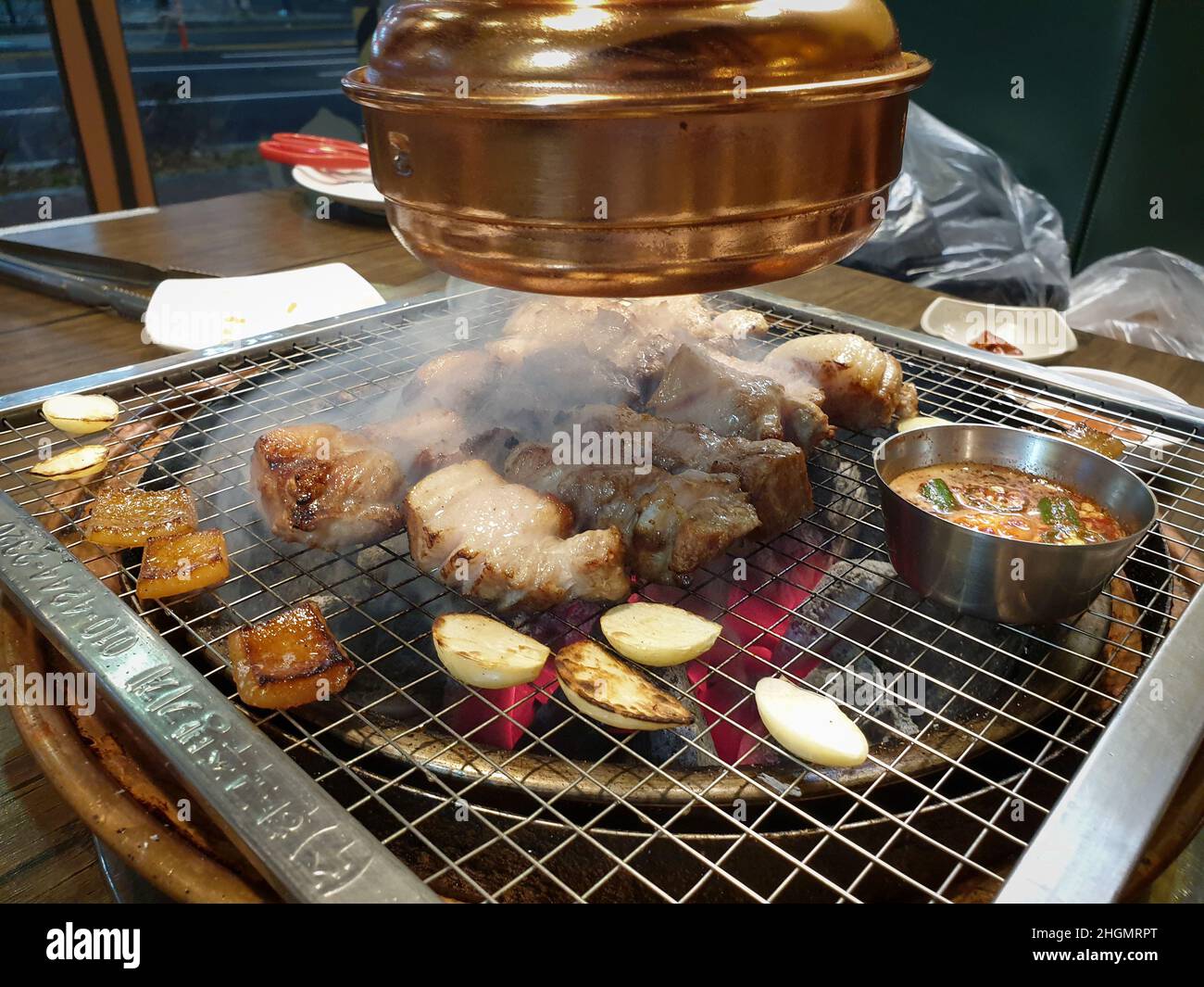 Samgyeopsal, grilled pork belly in Korean cuisine. Grilled pork rind