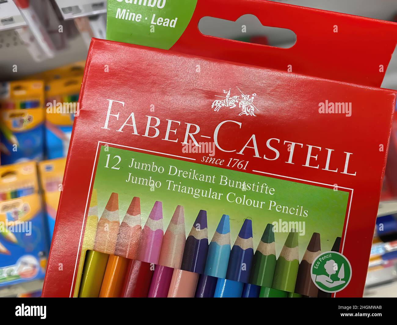 Viersen, Germany - January 9. 2022: Closeup of packet faber castell colored pencils in german store (focus on lower half of packet) Stock Photo