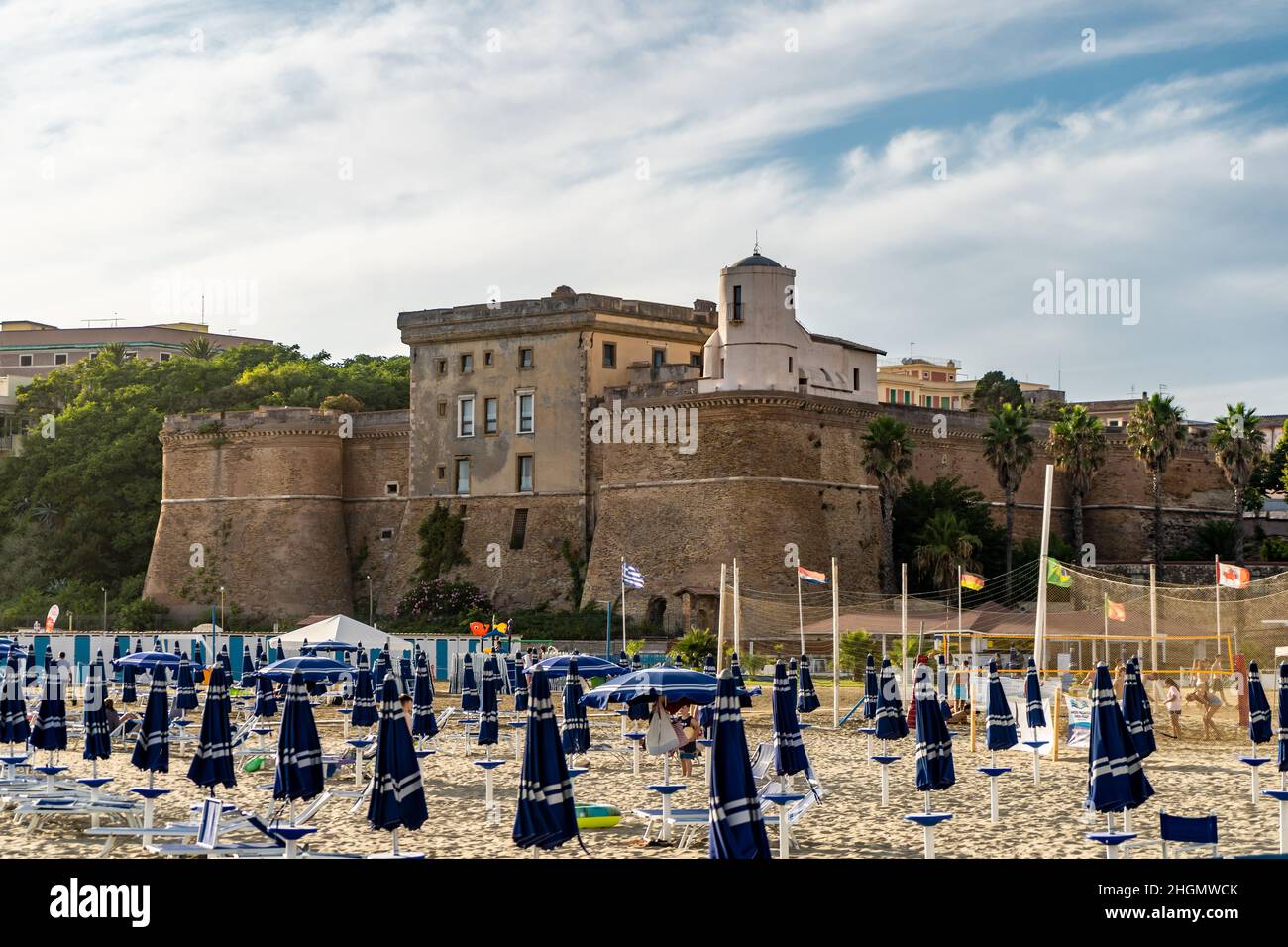 Nettuno, Rome, Italy, August 2021: View of the Sangallo fortress from The beach of Nettuno Rome. View of defensive fortress Stock Photo