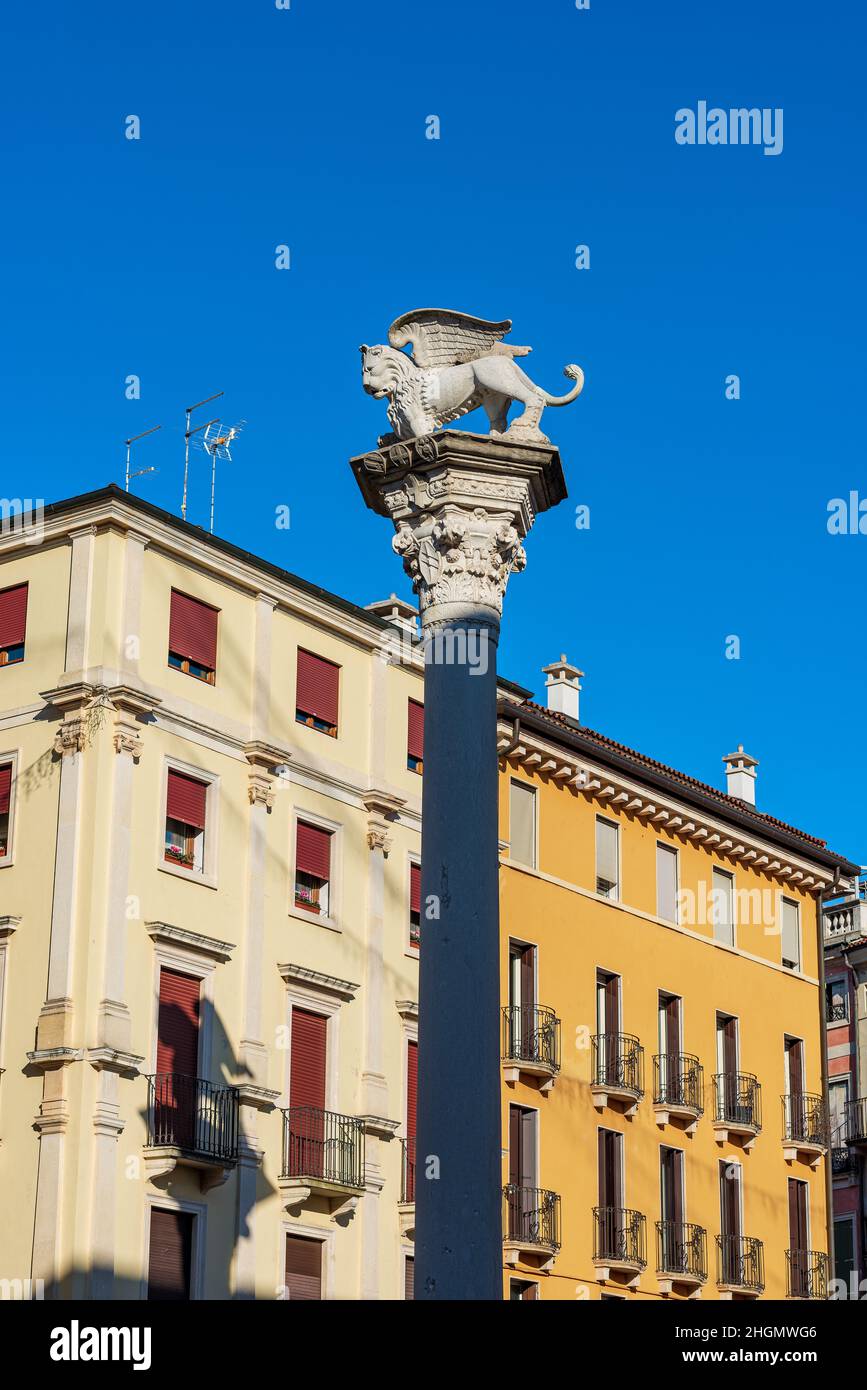 Vicenza. Column with the Winged Lion of Saint Mark (Leone di San Marco or Leone Marciano) symbol of Venetian Republic and the Mark of the Evangelist. Stock Photo