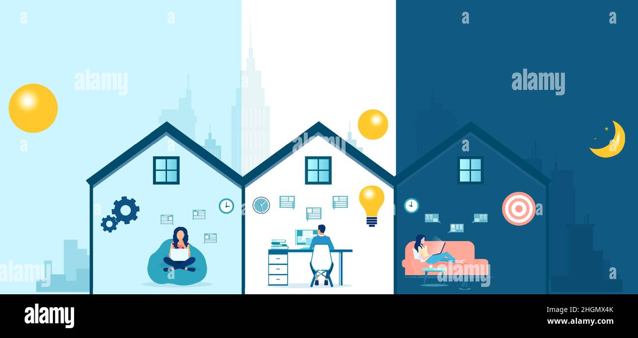 Vector of people working on computers from home on the internet. Freelancer work or study from home concept Stock Vector