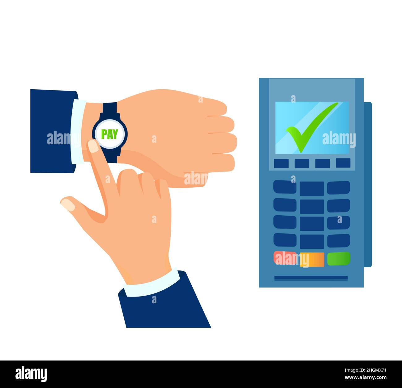 Vector of a business man paying for goods via POS terminal using a wrist watch Stock Vector