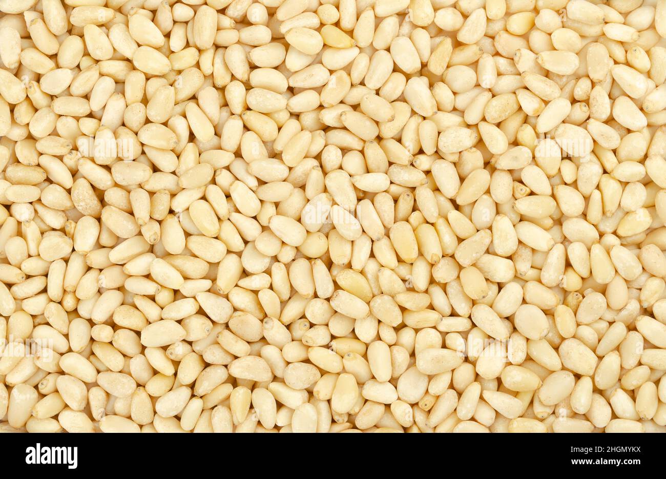 Pine nuts, surface and background. Beige and raw edible seeds of Chinese white pine, Pinus armandii. Also called pinon, pinoli and pignoli. Stock Photo