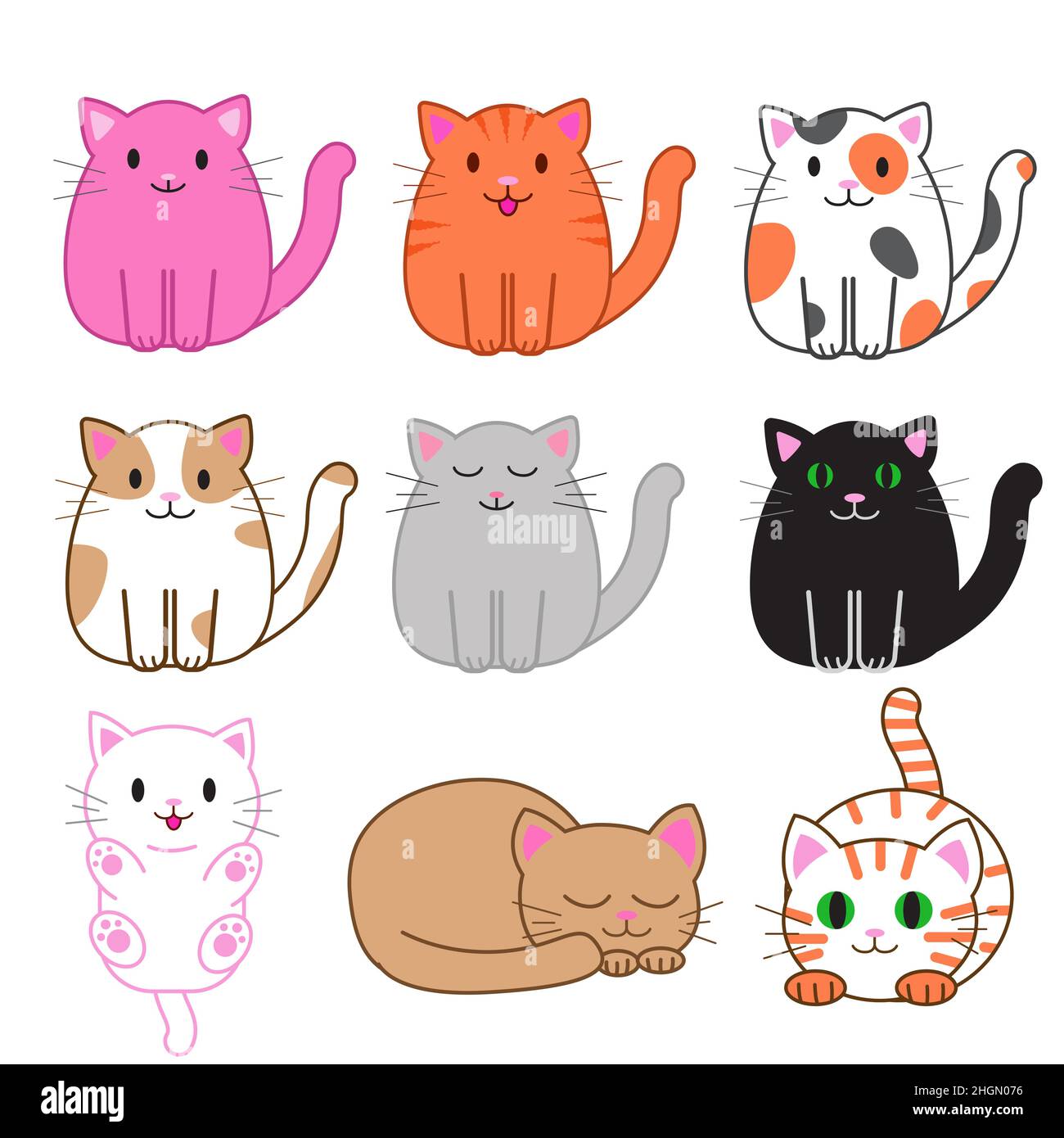 Set of funny cartoon cats, cute vector illustration in flat style. Different colorful cats. Smiling fat kitten. Positive print for sticker, cards Stock Vector