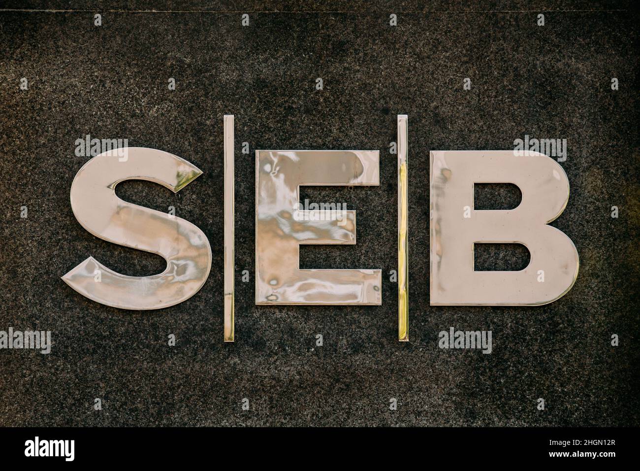 Vilnius, Lithuania. Close Title Name Logo Of SEB Bank Is Commercial Bank Of Lithuania, Subsidiary Of Swedish SEB Group. Stock Photo