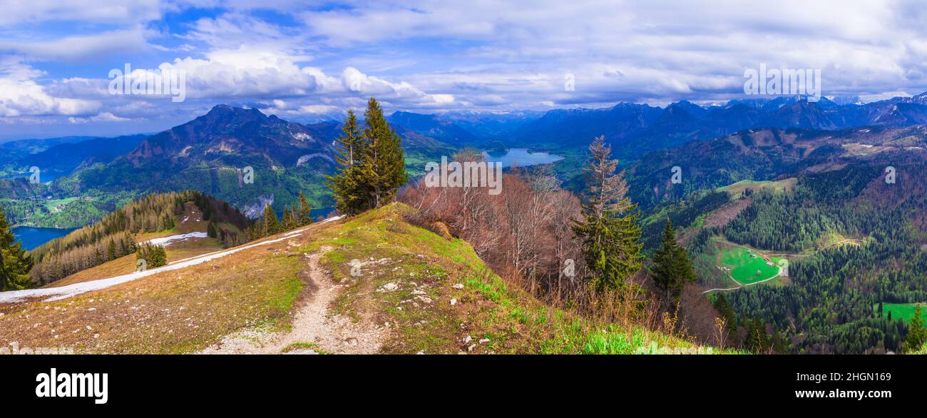 View of St.Gilgen village, Wolfgangsee lake from Zwolferhorn mountain in Salzkammergut region, Austria. Famous ski resort Stock Photo