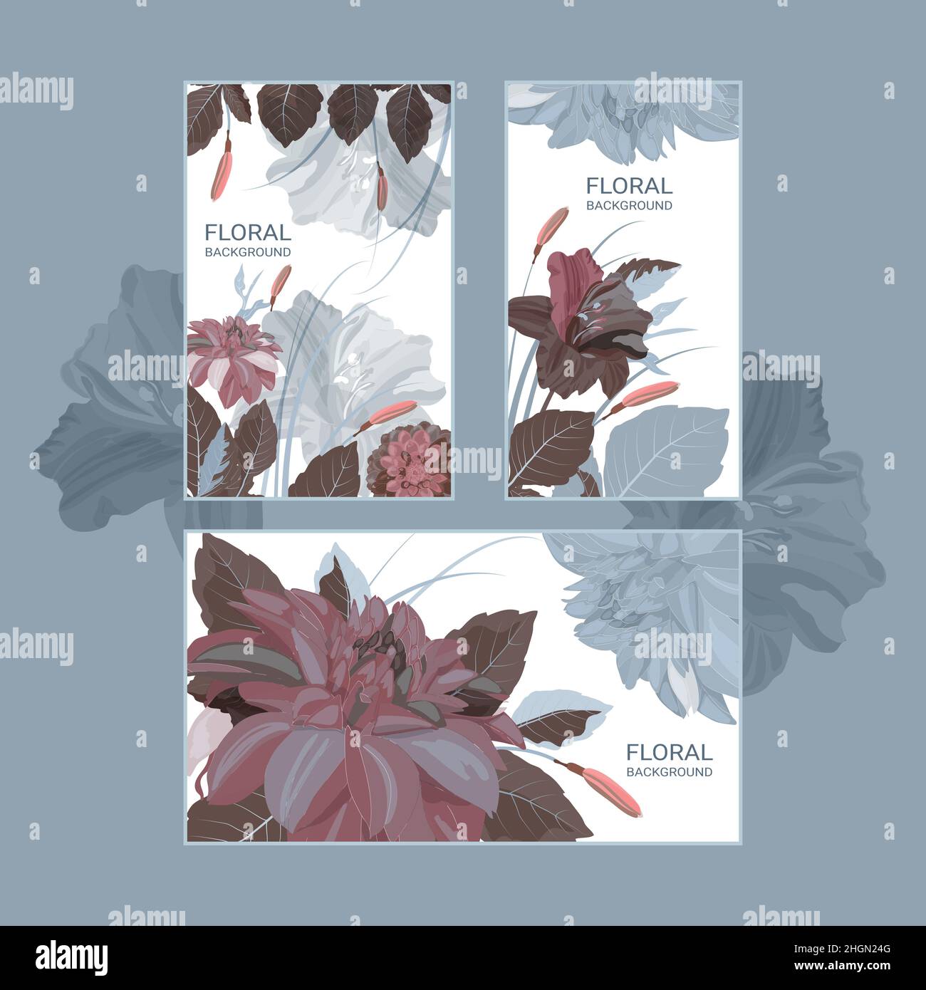 Vector horizontal and vertical floral banners with dahlias and lilies on a white background.  Stock Vector