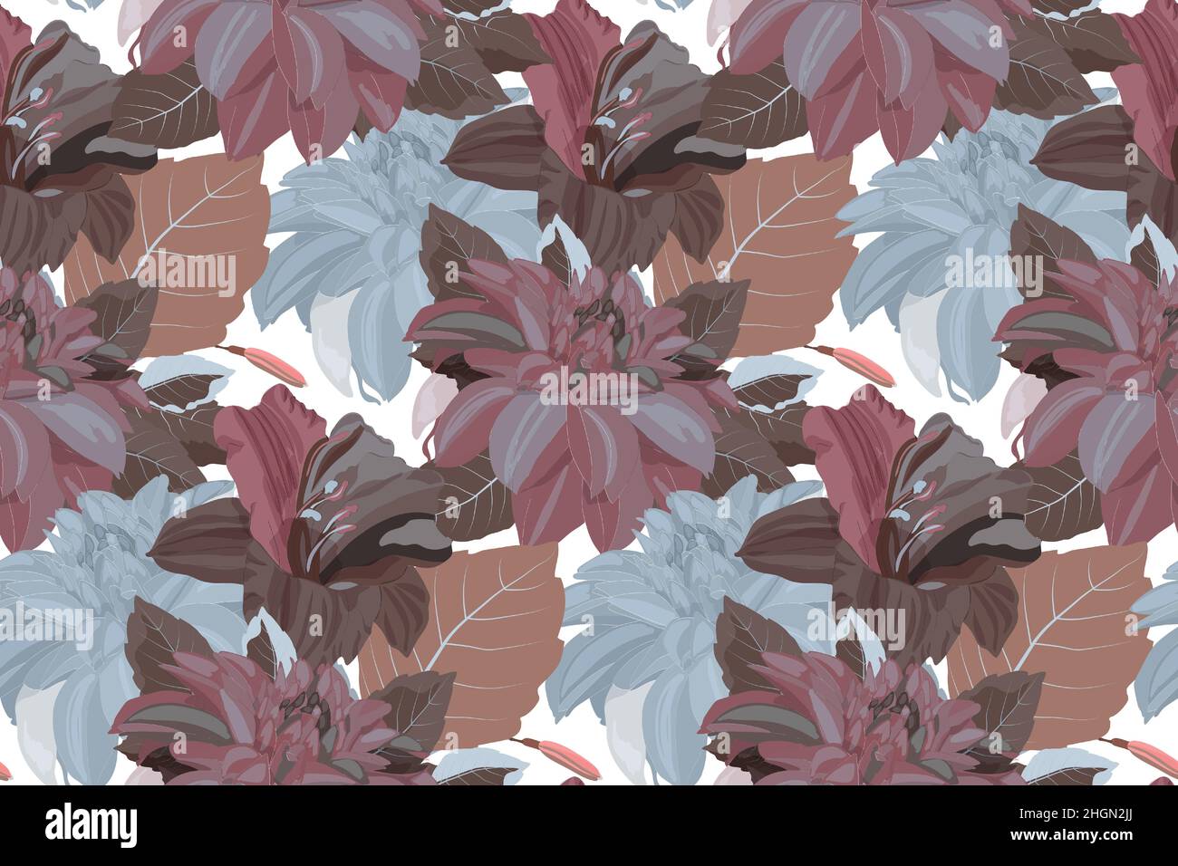 Vector floral seamless pattern. Dahlias and lilies in navi blue, chocolate and burgundy colors. Stock Vector