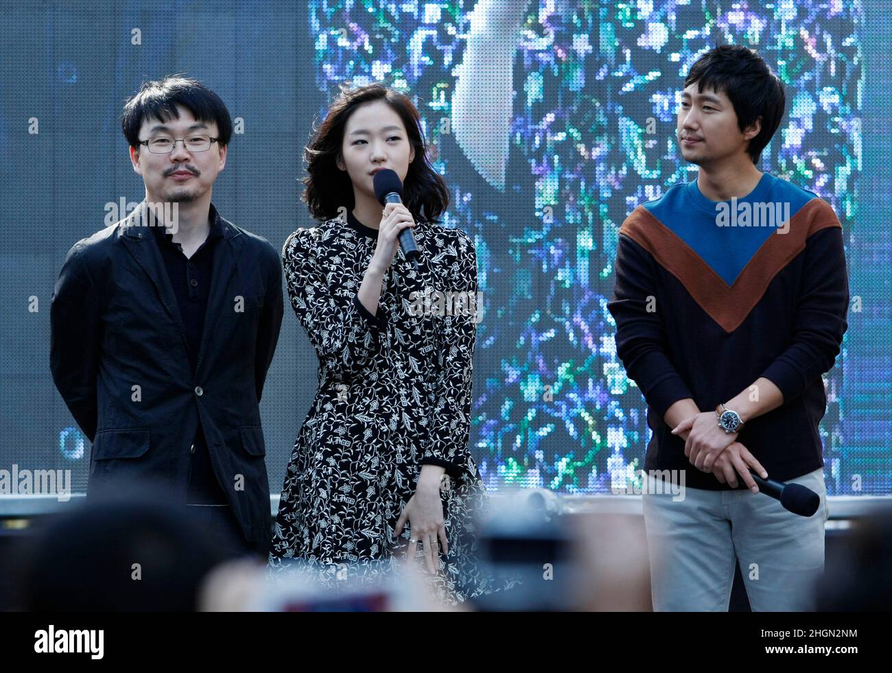 October 7, 2012 - Busan, South Korea : (From left) Director Chung Ji Woo, Actress Kim Go Eun and Actor Park Hae Il attend their film 'A Muse' Open stage event during the 17th Busan international Film Festival at the Nampodong BIFF district in Busan.  (Ryu Seung-il / Polaris) Stock Photo