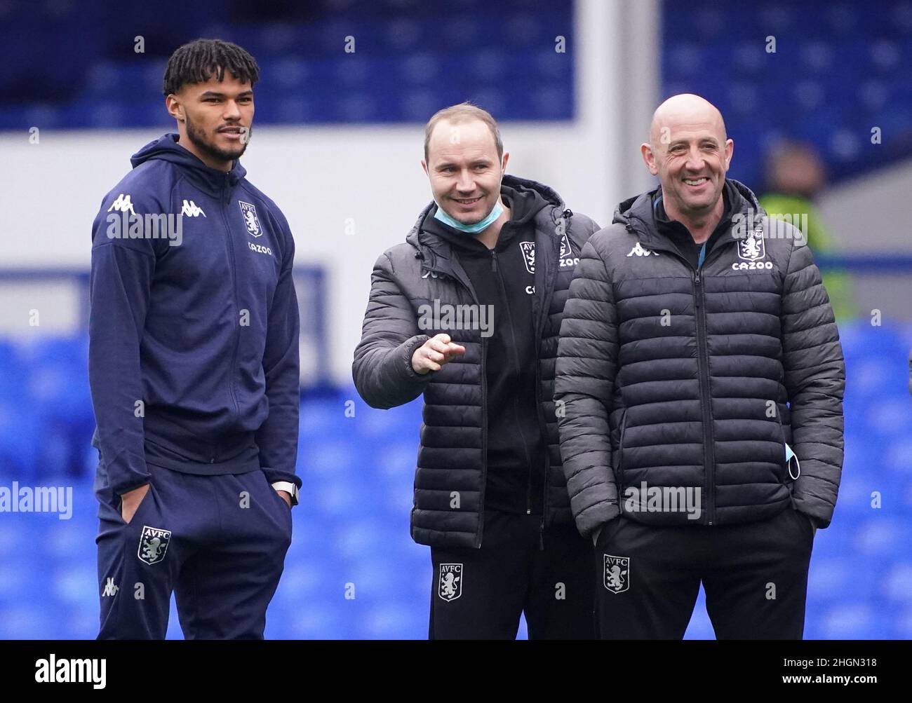 Aston Villa's Tyrone Mings, head of performance Jordan Milsom and assistant manager Gary McAllister inspect the pitch before the Premier League match at Goodison Park, Liverpool. Picture date: Saturday January 22, 2022. Stock Photo