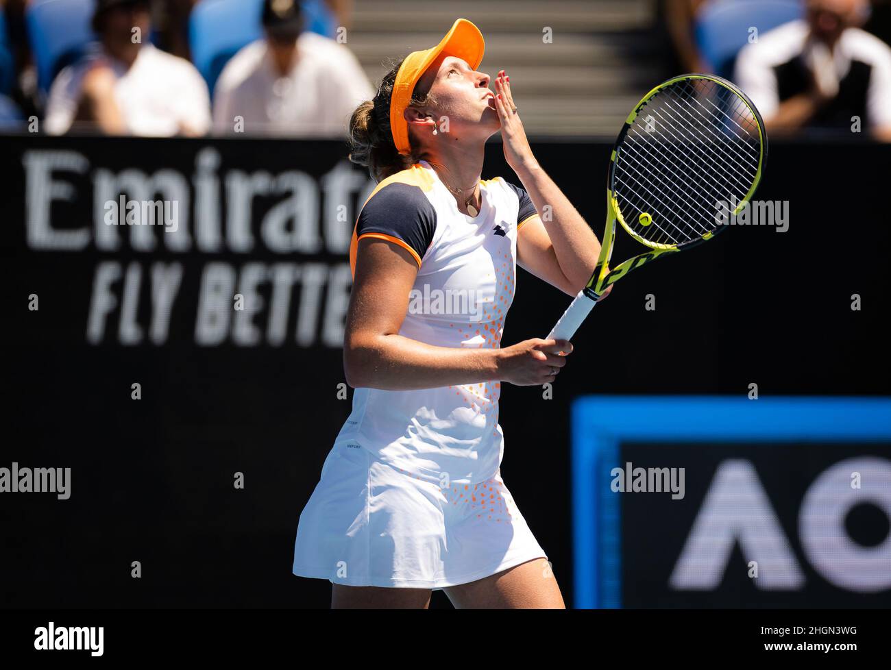Melbourne, Australia. 22nd Jan, 2022. Elise Mertens of Belgium in action  against Shuai Zhang of China during the third round at the 2022 Australian  Open, WTA Grand Slam tennis tournament on January