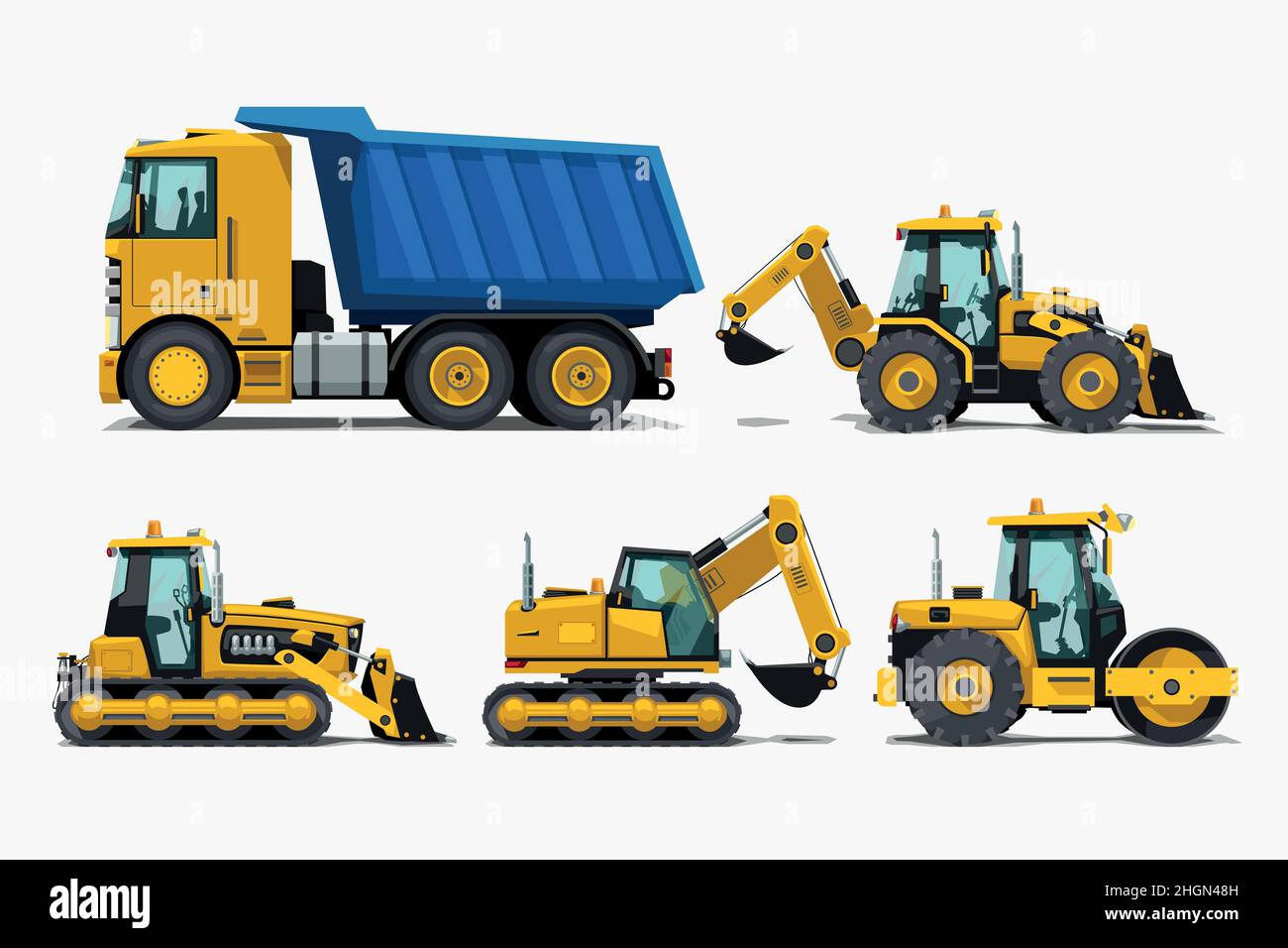 various construction vehicles side view in set Stock Vector