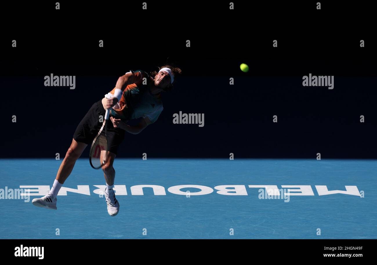 Melbourne, Australia. 22nd Jan, 2022. Stefanos Tsitsipas of Greece serves during the men's singles 3rd round match against Benoit Paire of France at Australian Open in Melbourne Park, in Melbourne, Australia, Jan. 22, 2022. Credit: Bai Xuefei/Xinhua/Alamy Live News Stock Photo