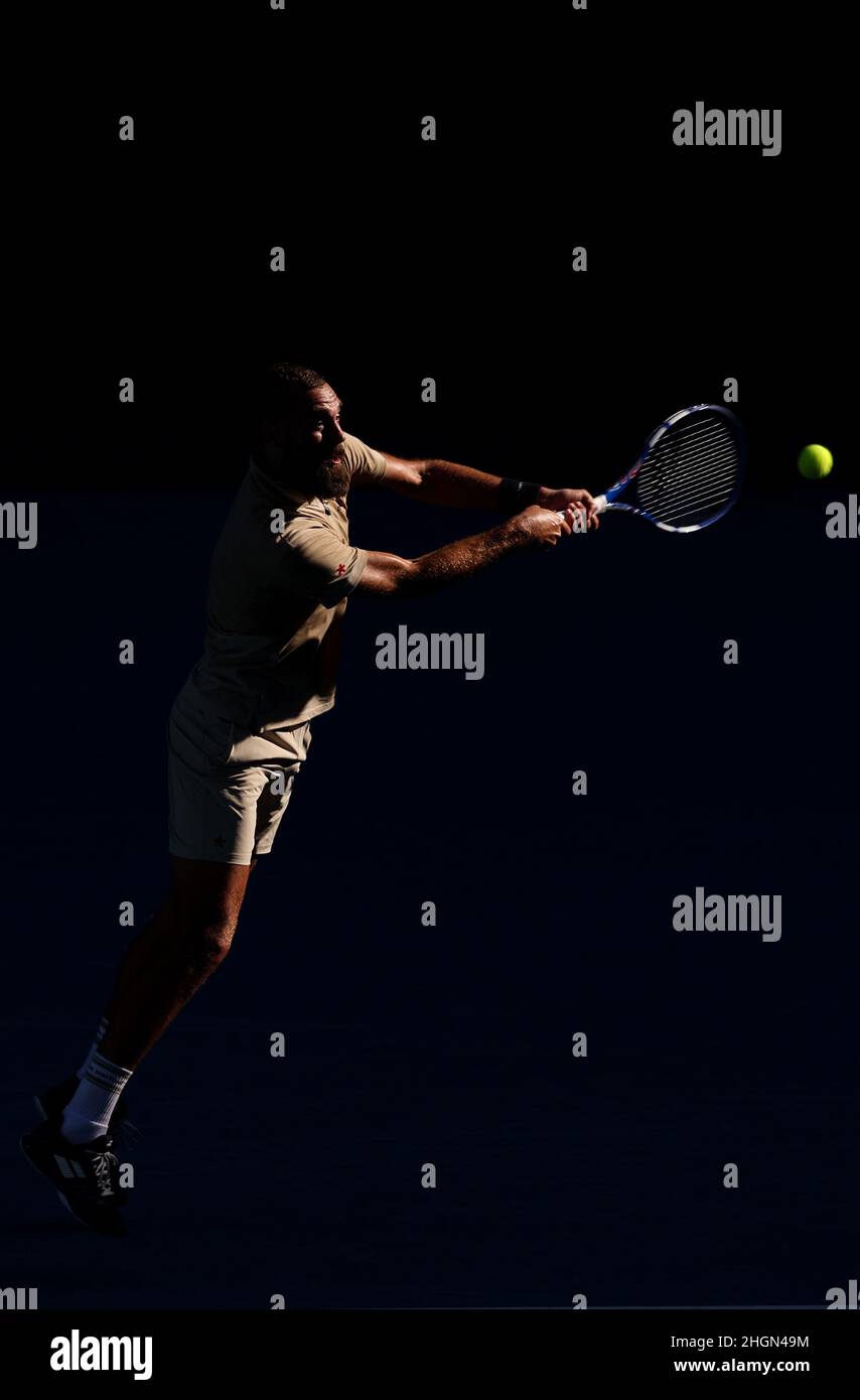 Melbourne, Australia. 22nd Jan, 2022. Benoit Paire of France competes during the men's singles 3rd round match against Stefanos Tsitsipas of Greece at Australian Open in Melbourne Park, in Melbourne, Australia, Jan. 22, 2022. Credit: Bai Xuefei/Xinhua/Alamy Live News Stock Photo