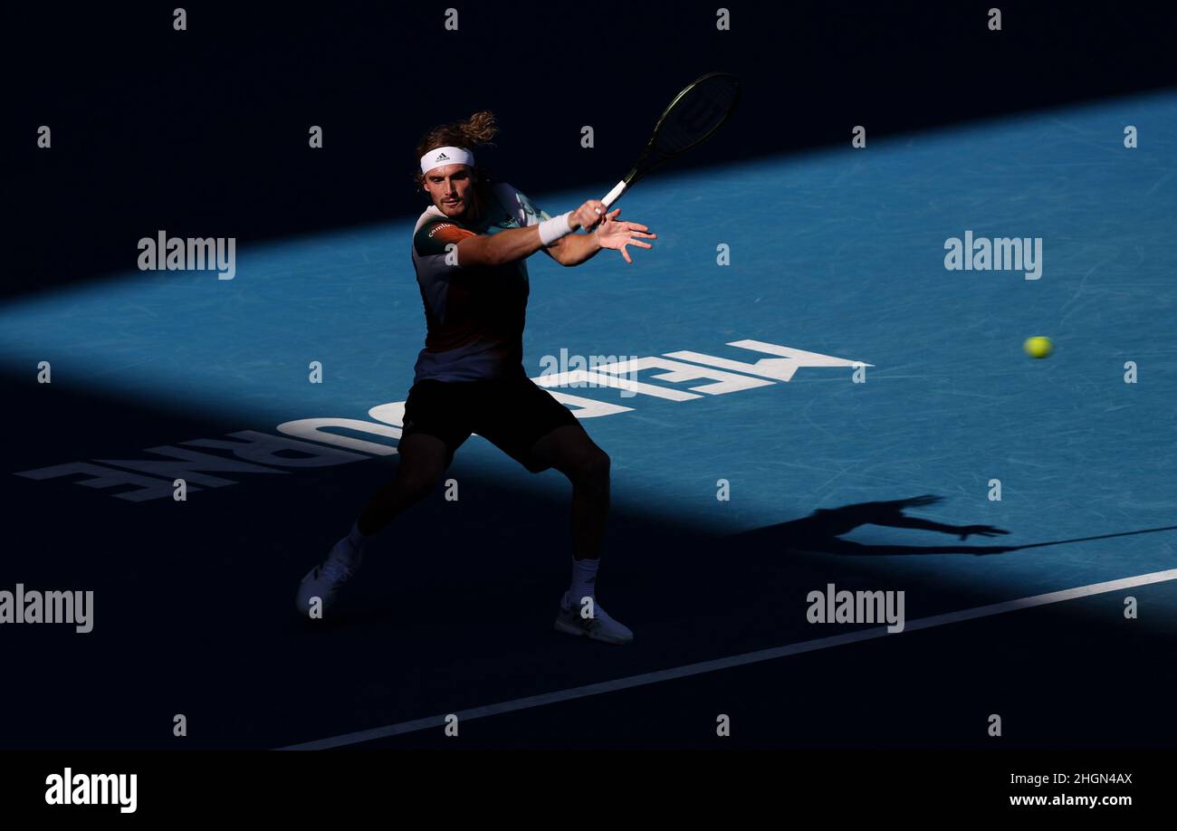 Melbourne, Australia. 22nd Jan, 2022. Stefanos Tsitsipas of Greece competes during the men's singles 3rd round match against Benoit Paire of France at Australian Open in Melbourne Park, in Melbourne, Australia, Jan. 22, 2022. Credit: Bai Xuefei/Xinhua/Alamy Live News Stock Photo