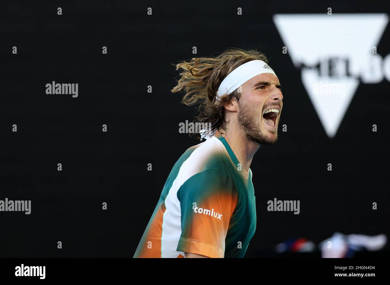 Melbourne, Australia. 22nd Jan, 2022. Stefanos Tsitsipas of Greece celebrates after the men's singles 3rd round match against Benoit Paire of France at Australian Open in Melbourne Park, in Melbourne, Australia, Jan. 22, 2022. Credit: Bai Xuefei/Xinhua/Alamy Live News Stock Photo