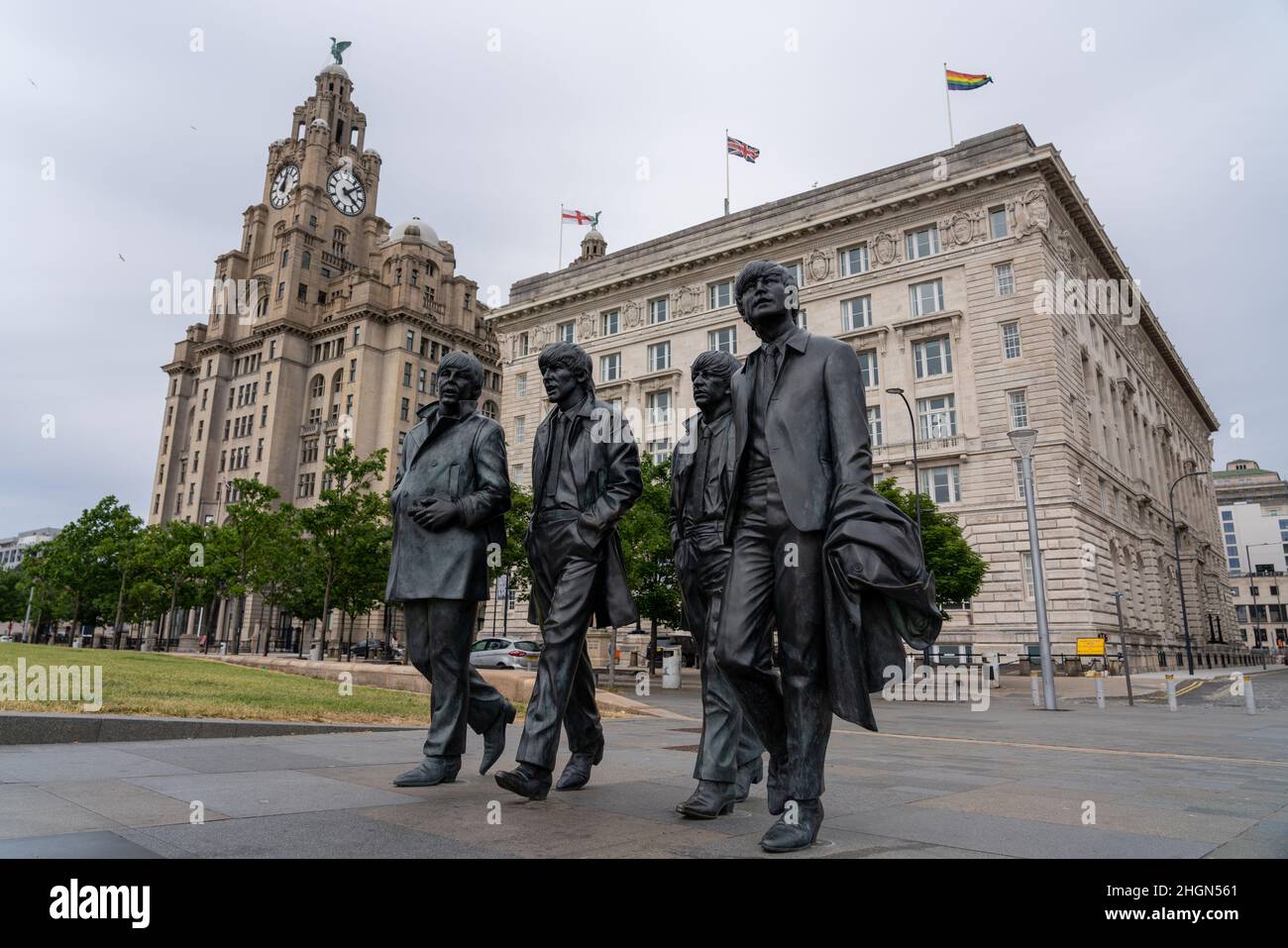 The Beatles Statue by Andrew Edwards at the Pier Head in Liverpool Stock Photo