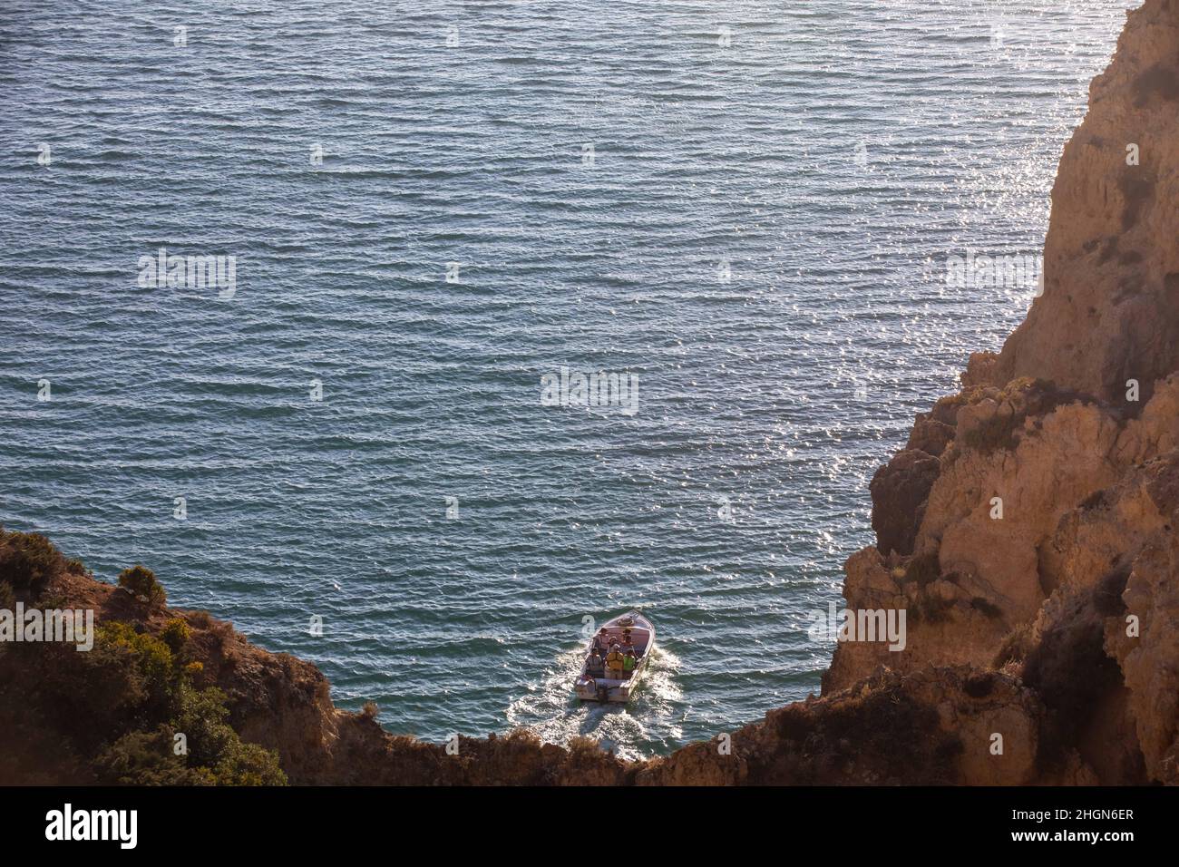 Algarve, Portugal August 20, 2021 Unknown people on boat enjoying