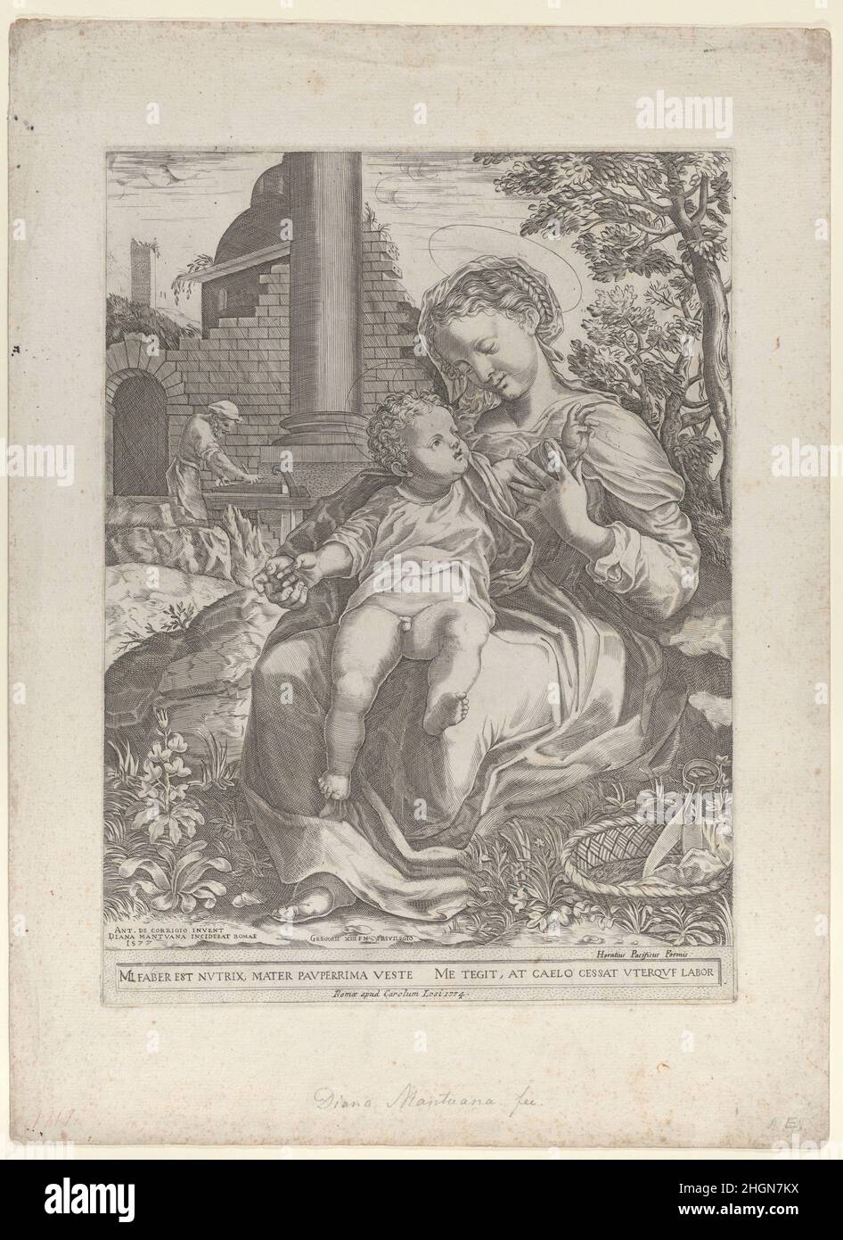 The Holy Family in Egypt, with Joseph as a carpenter in the background at left [1577], republished 1774 Diana Scultori. The Holy Family in Egypt, with Joseph as a carpenter in the background at left. Diana Scultori (Italian, Mantua ca. 1535?–after 1588 Rome). [1577], republished 1774. Engraving. Carlo Losi (Italian, 1757– after 1805). Prints Stock Photo