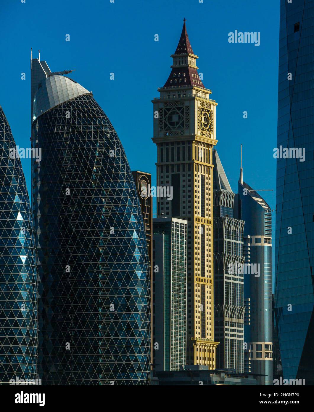 UNITED ARAB EMIRATES. DUBAI. TRADE CENTER DISTRICT. DAMAC PARK TOWERS ON THE LEFT AND AL YAQOUB TOWER ON THE RIGHT. Stock Photo