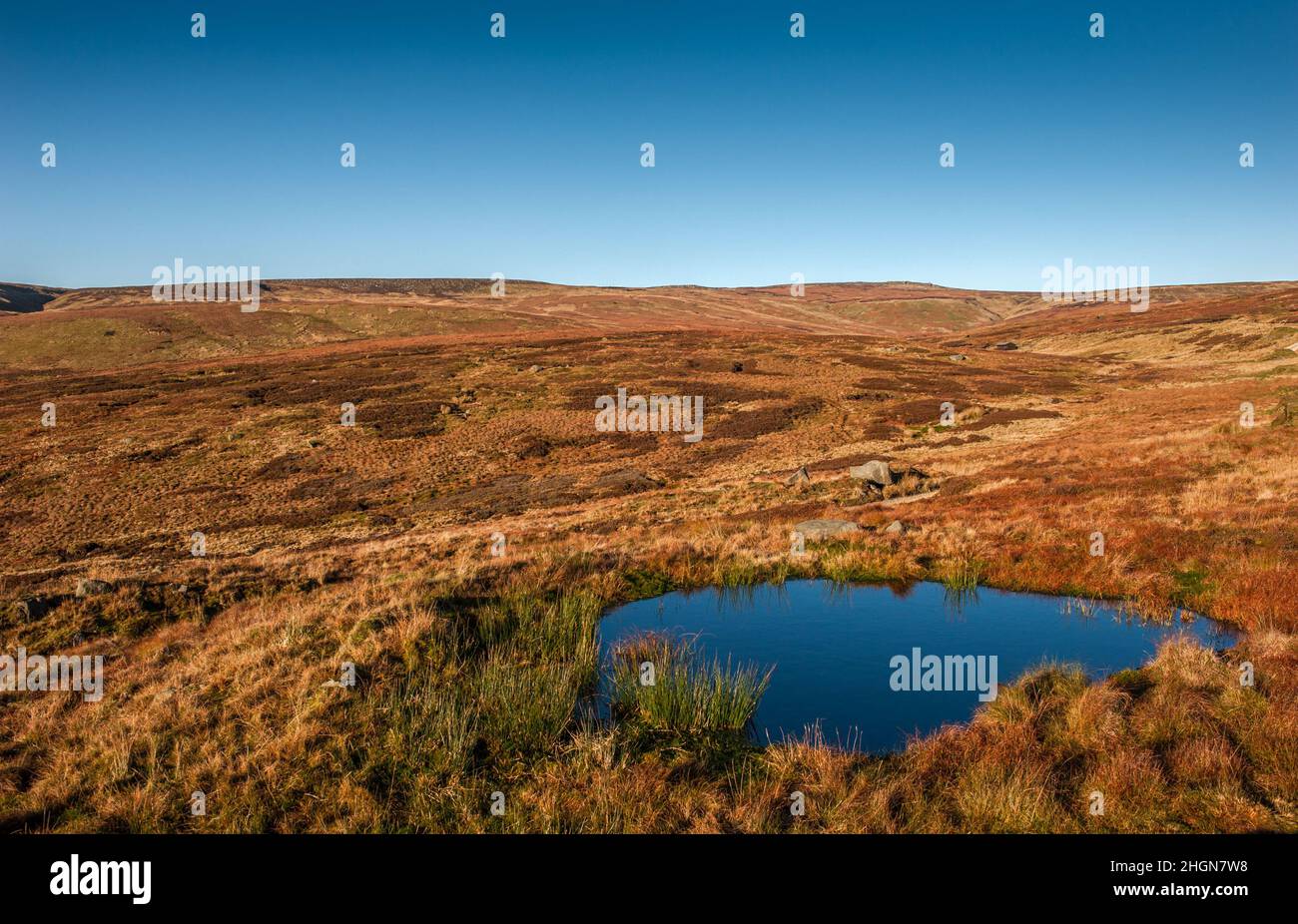 Small tarn on Brennand Fell with Wolfhole Crag on the skyline. Forest of Bowland, Lancashire Stock Photo