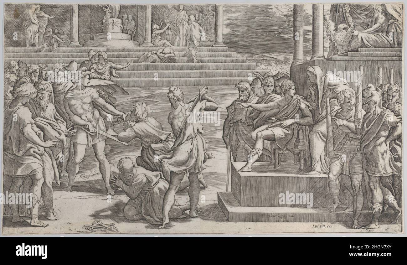 The martyrdom of Saint Paul and the condemnation of Saint Peter 1524–27 Giovanni Jacopo Caraglio Italian Engraved just before the Sack of Rome in 1527, this print is the result of the collaboration of the Italian Mannerist artist Parmigianino and the skilled engraver Caraglio. A number of drawings by Parmigianino relating to the composition survive, including the actual model used by Caraglio to transfer the design to the plate (British Museum, London). Parmigianino may have created this design to decorate the Sala dei Pontefici in the Vatican—a commission that was never realized—though that i Stock Photo