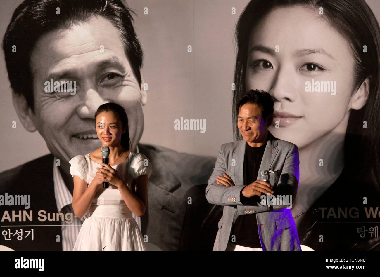 October 5, 2012 - Busan, South Korea : Actress Tang Wei(left) and actor An Sung Ki attend open talk during the 17th Busan International Film Festival Open Event at the BIFF Village. (Ryu Seung-il / Polaris) Stock Photo