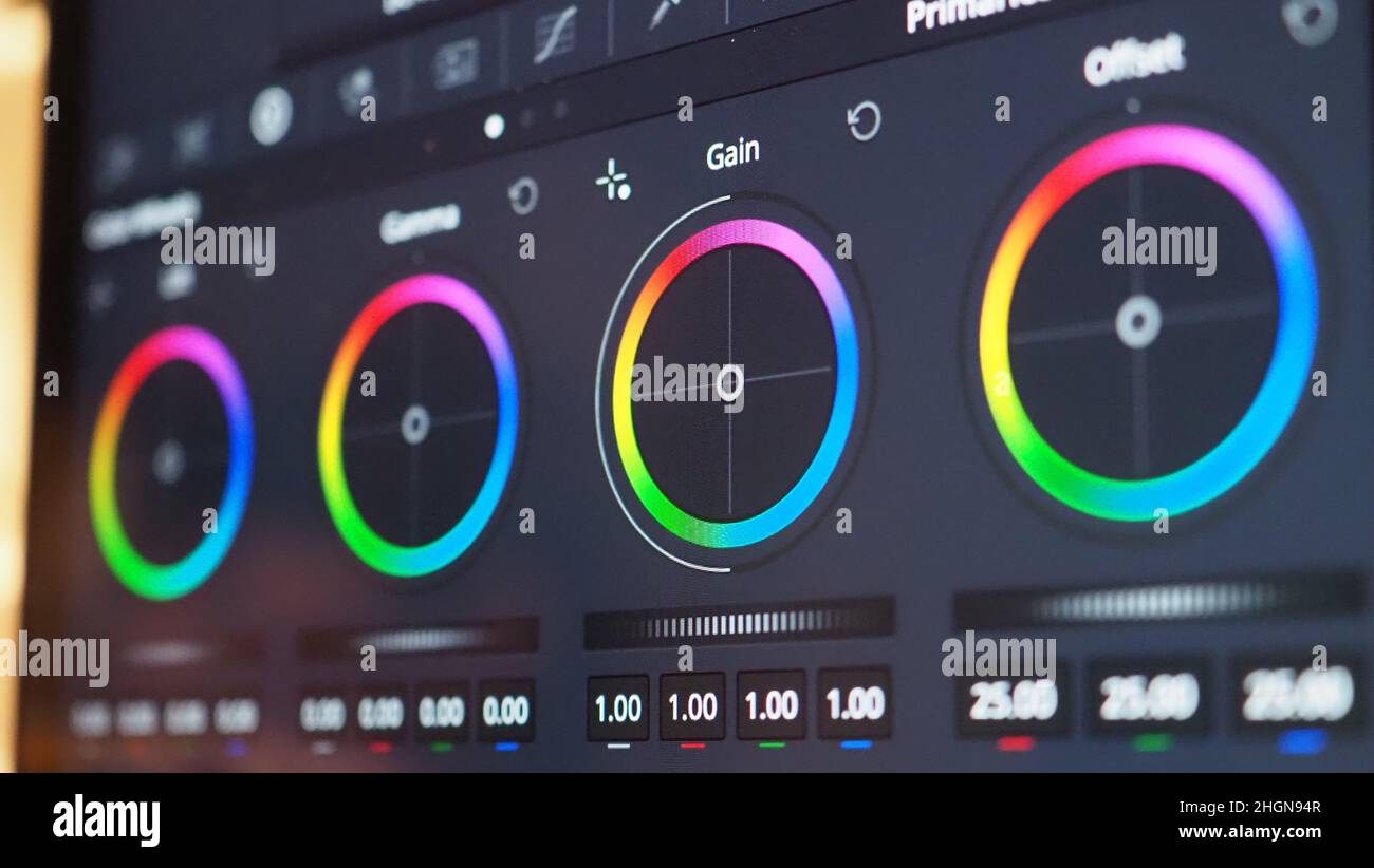 Color grading graph or RGB colour correction indicator on monitor in post production process